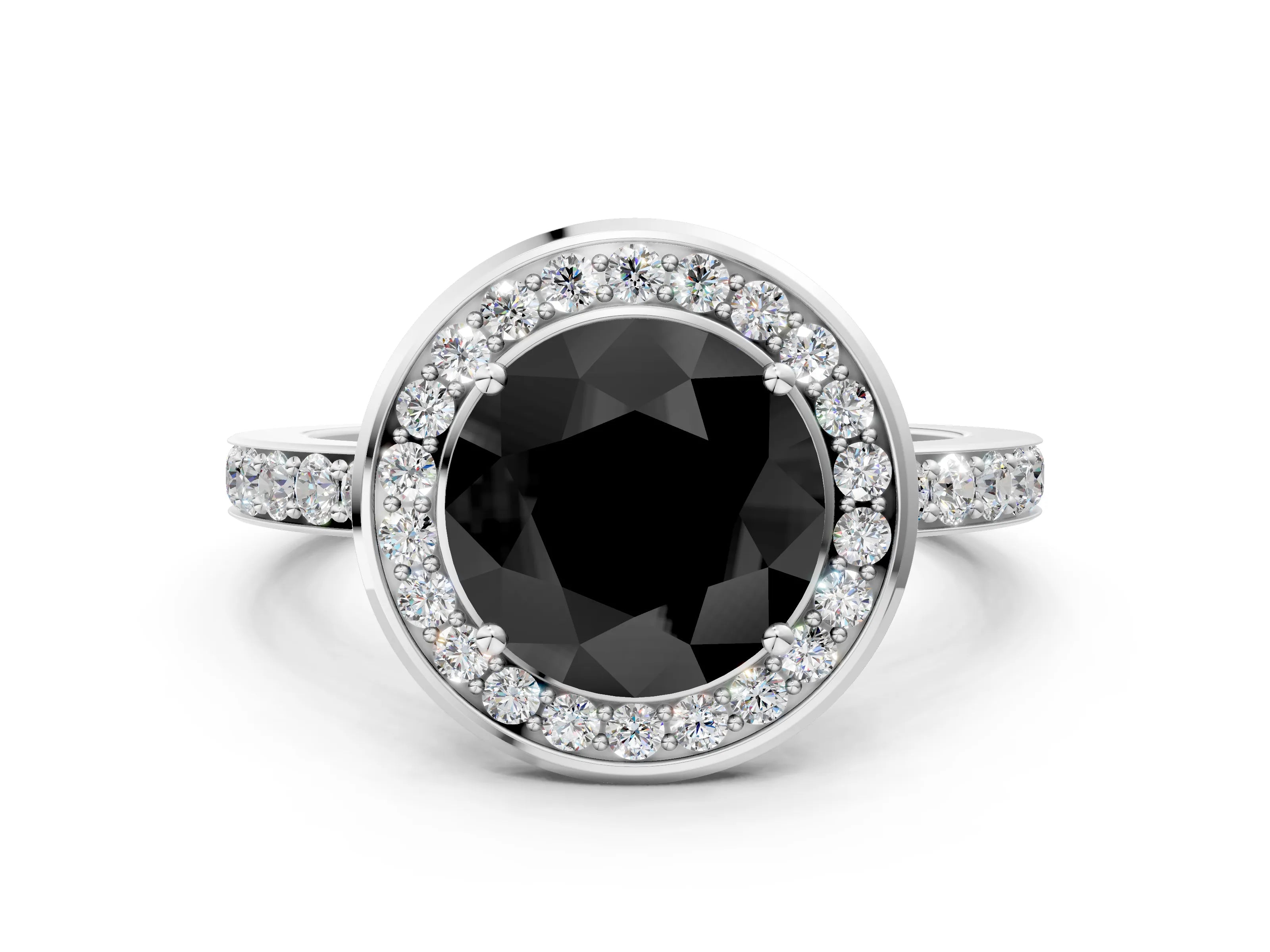 White gold Fancy Black Round Cut Diamond Halo Ring with Bezel Frame and Pavé Band