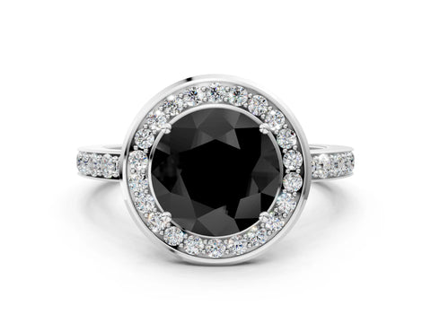 White gold Fancy Black Round Cut Diamond Halo Ring with Bezel Frame and Pavé Band