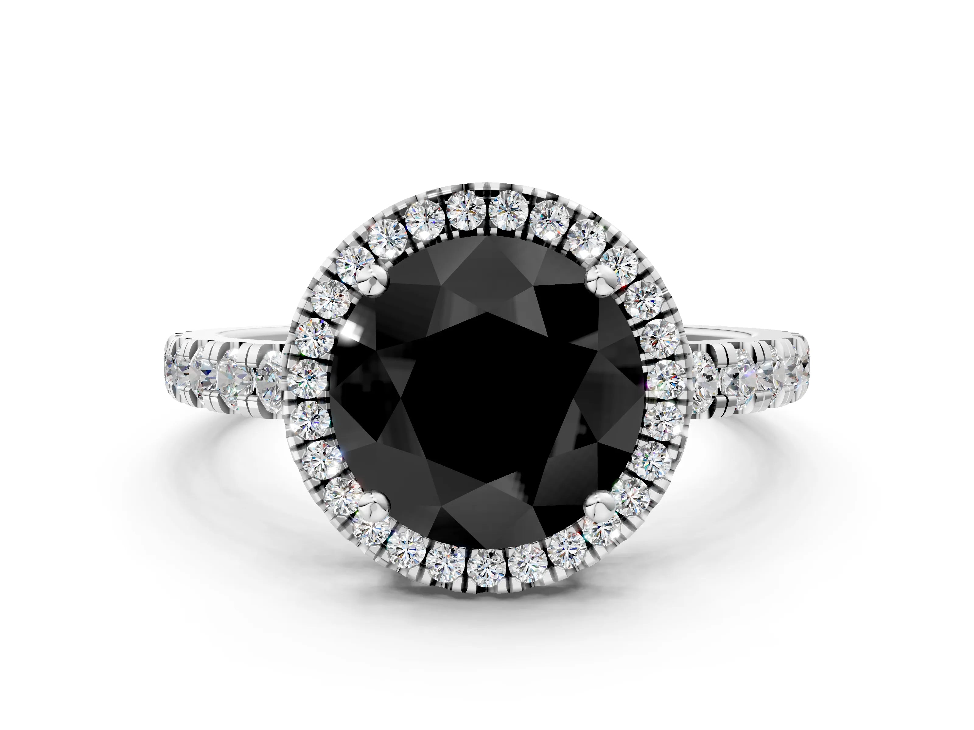 White gold Fancy Black Round Cut Diamond Halo Ring with Pavé Band and Four-Prong Setting