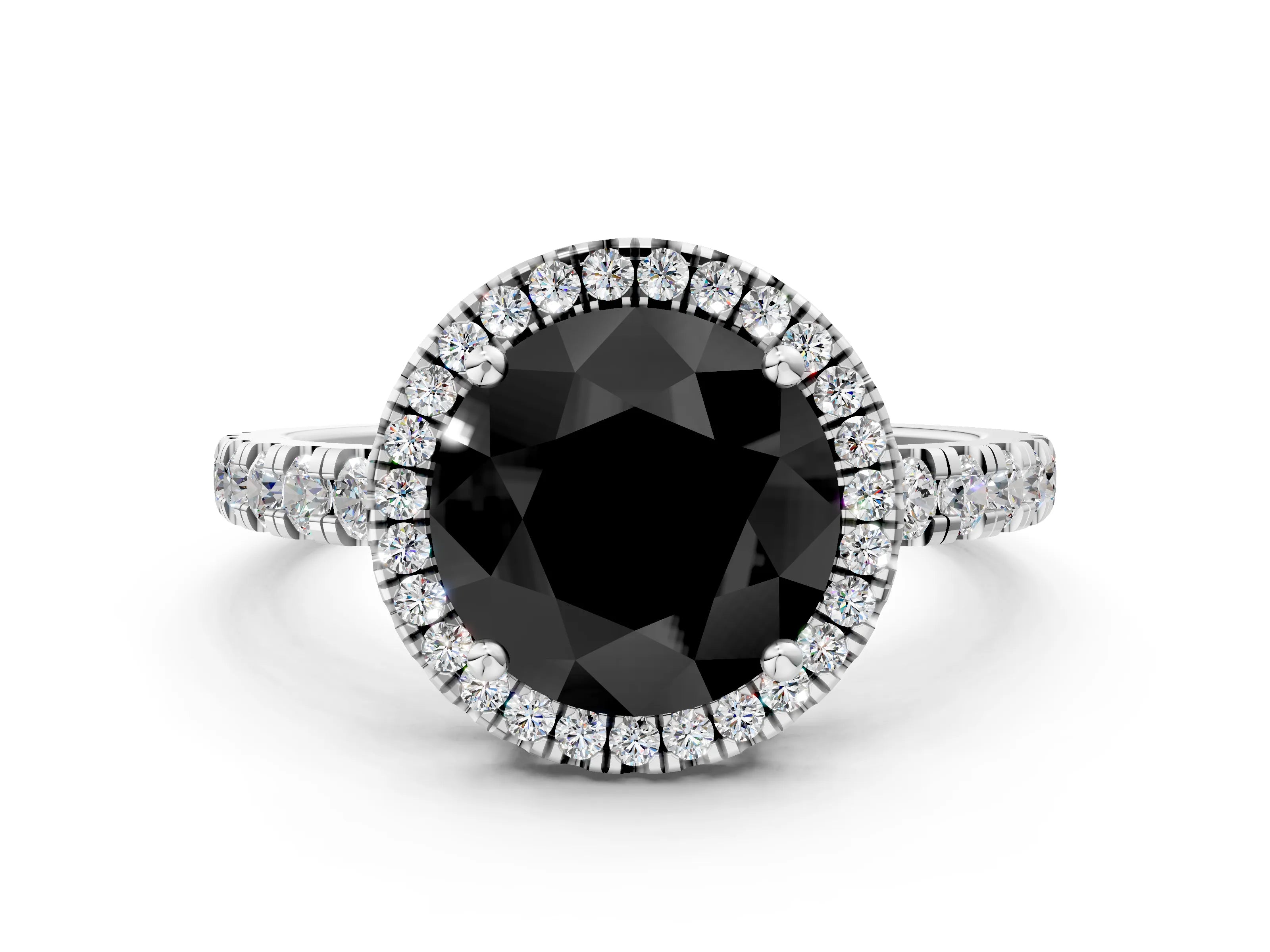 White gold Fancy Black Round Cut Diamond Halo Ring with Pavé Band and Four-Prong Setting_12