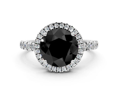 White gold Fancy Black Round Cut Diamond Halo Ring with Pavé Band and Four-Prong Setting_12