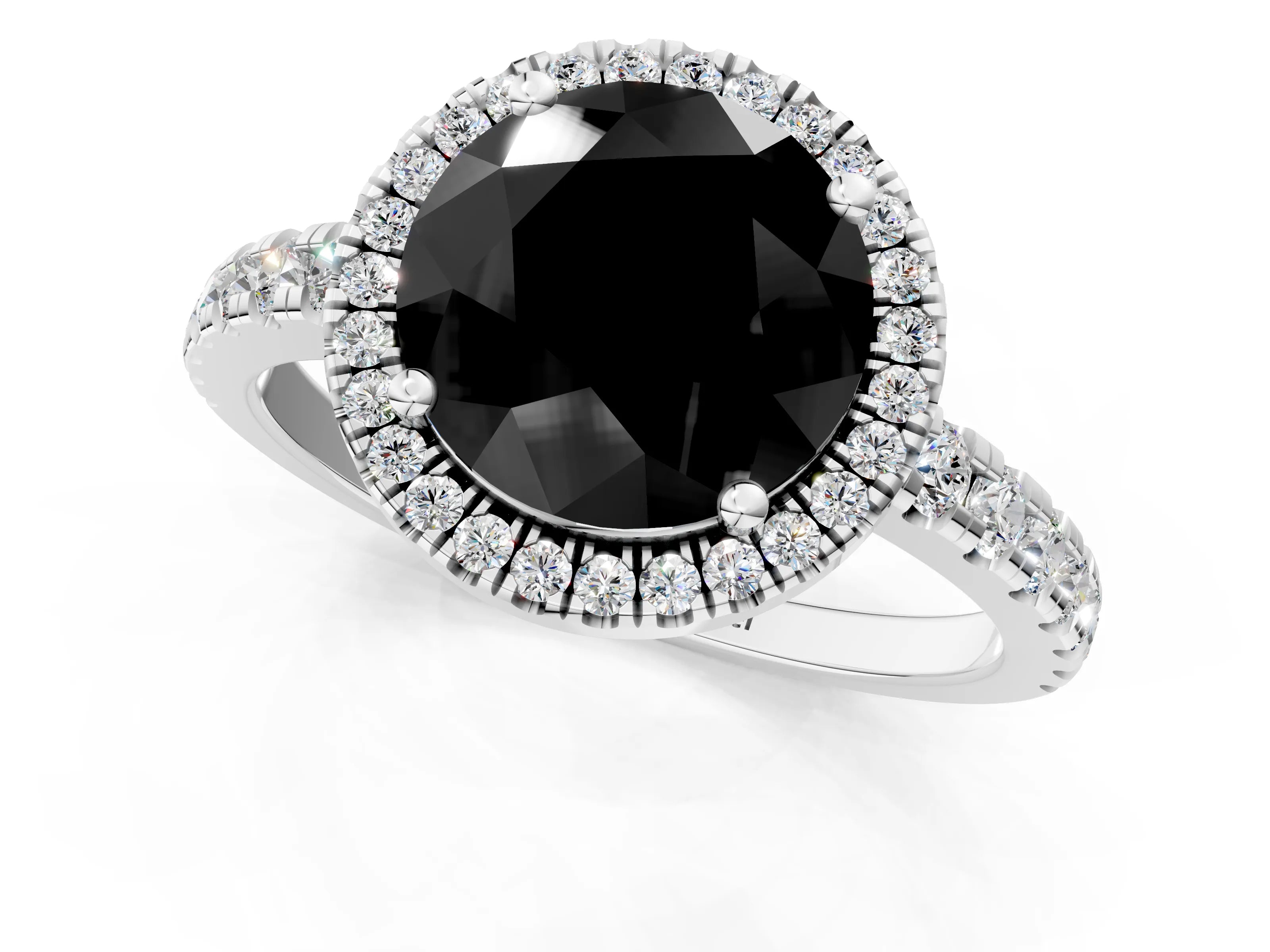 White gold Fancy Black Round Cut Diamond Halo Ring with Pavé Band and Four-Prong Setting_13