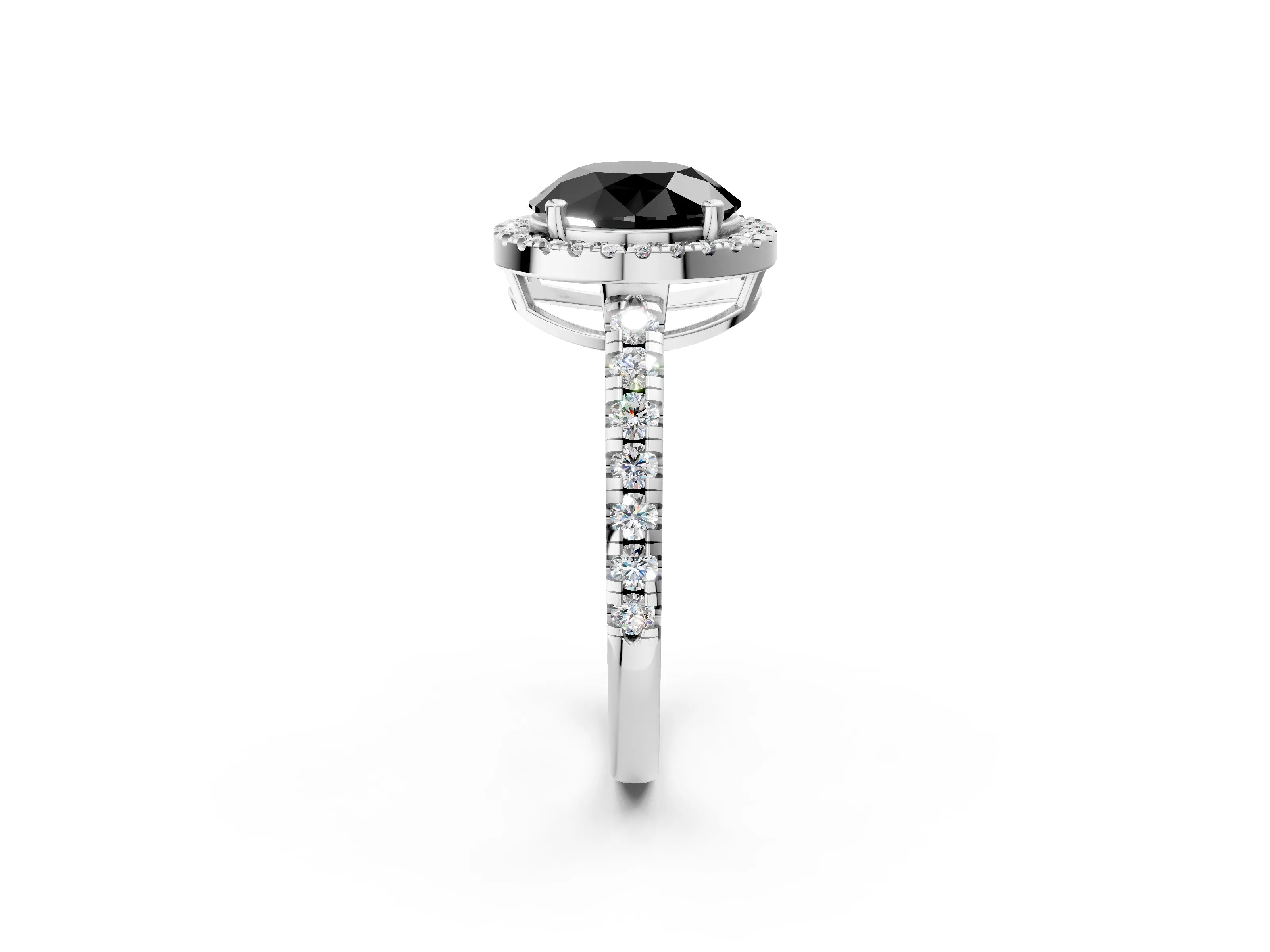 White gold Fancy Black Round Cut Diamond Halo Ring with Pavé Band and Four-Prong Setting_14