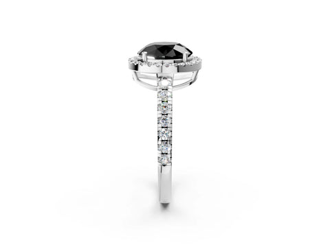 White gold Fancy Black Round Cut Diamond Halo Ring with Pavé Band and Four-Prong Setting_14