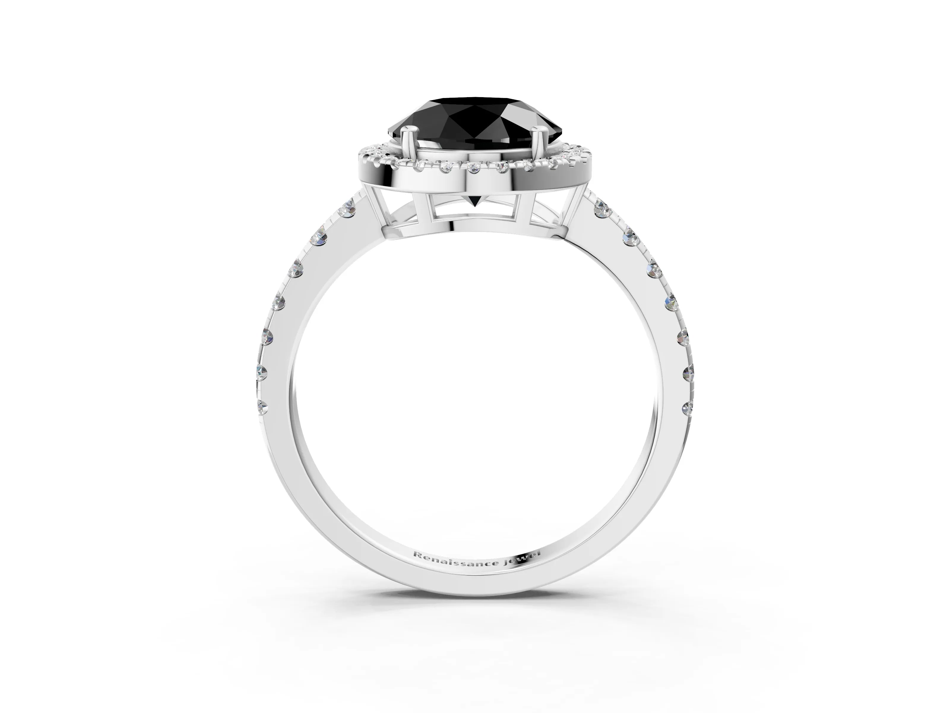 White gold Fancy Black Round Cut Diamond Halo Ring with Pavé Band and Four-Prong Setting_15