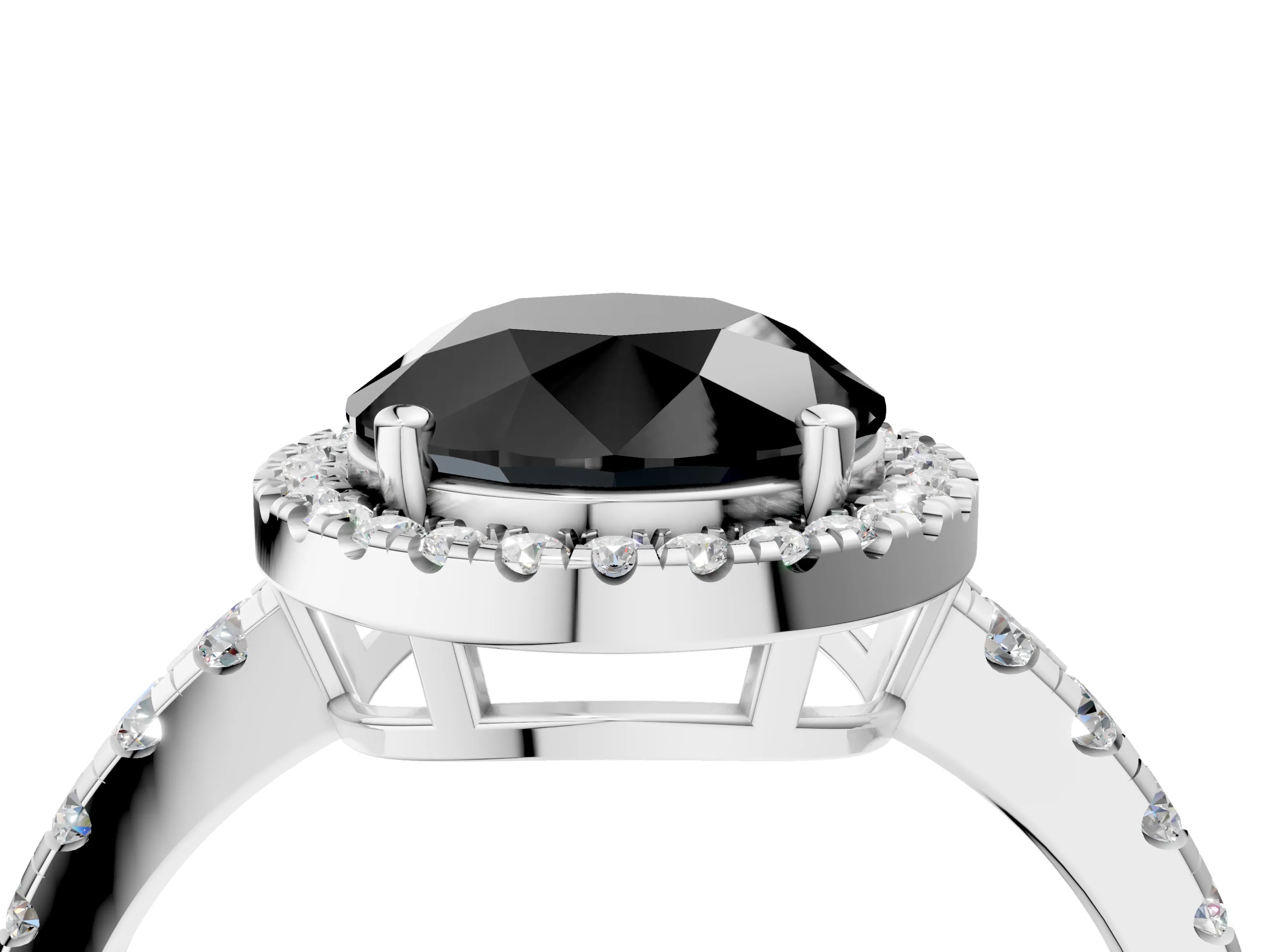 White gold Fancy Black Round Cut Diamond Halo Ring with Pavé Band and Four-Prong Setting_16