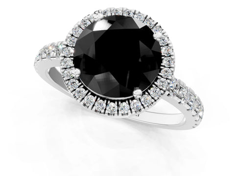 White gold Fancy Black Round Cut Diamond Halo Ring with Pavé Band and Four-Prong Setting_1