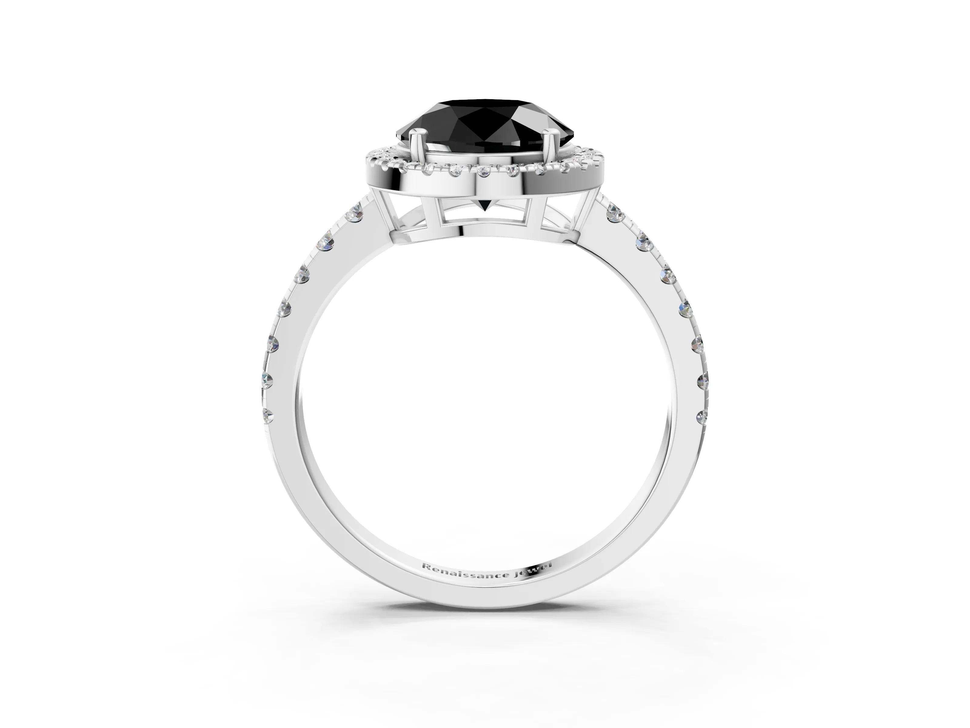 White gold Fancy Black Round Cut Diamond Halo Ring with Pavé Band and Four-Prong Setting_3