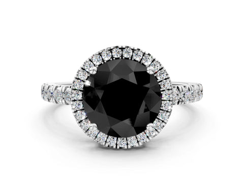 White gold Fancy Black Round Cut Diamond Halo Ring with Pavé Band and Four-Prong Setting