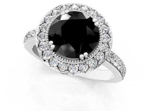 White gold Fancy Black Round Cut Diamond Halo Ring with Pavé Band and Prong Setting_11