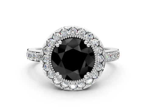 White gold Fancy Black Round Cut Diamond Halo Ring with Pavé Band and Prong Setting_12