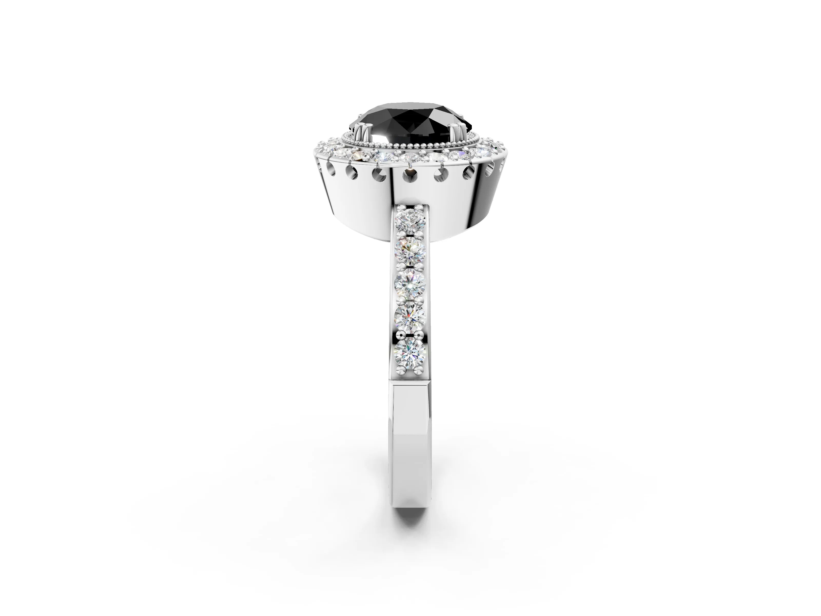 White gold Fancy Black Round Cut Diamond Halo Ring with Pavé Band and Prong Setting_14