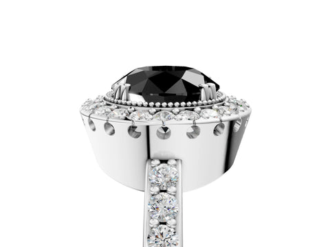 White gold Fancy Black Round Cut Diamond Halo Ring with Pavé Band and Prong Setting_17