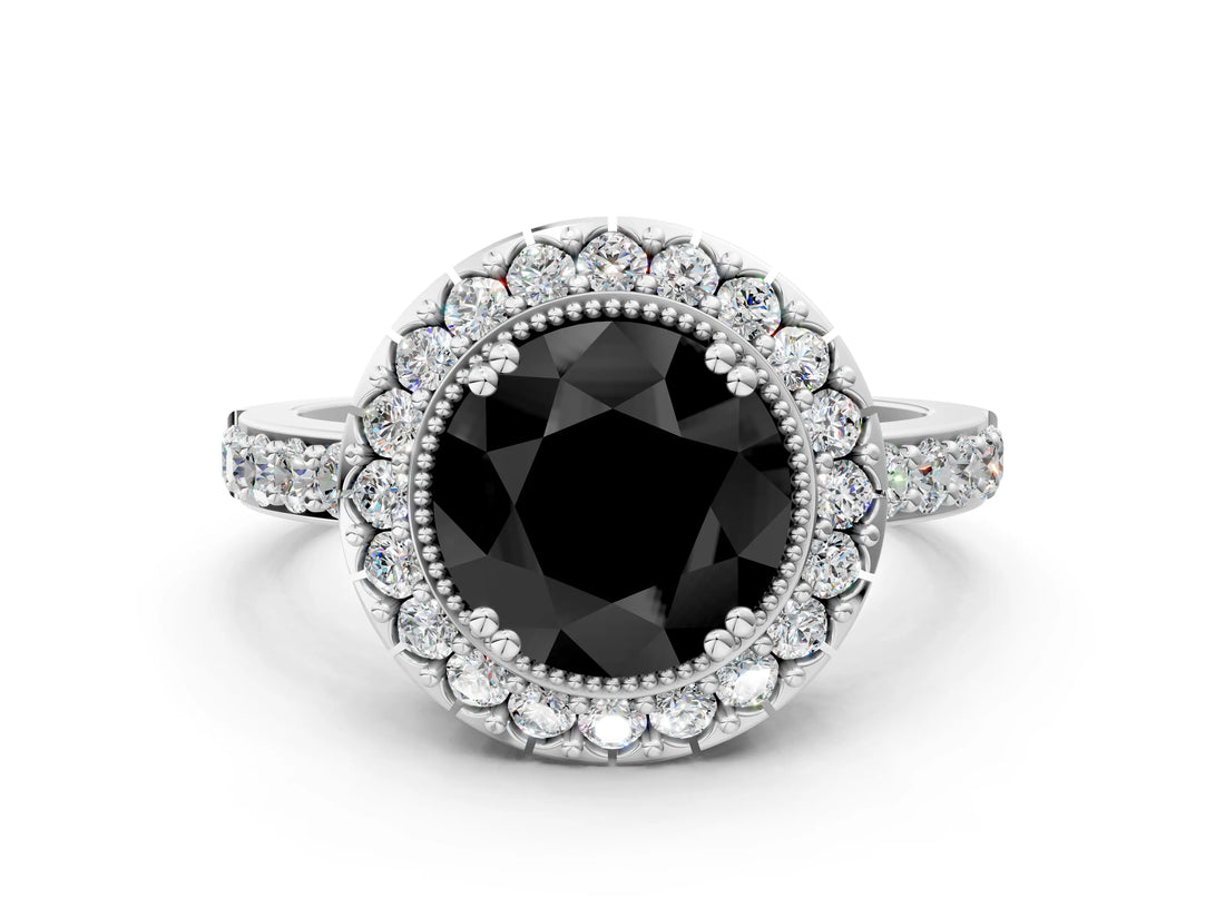 White gold Fancy Black Round Cut Diamond Halo Ring with Pavé Band and Prong Setting_18