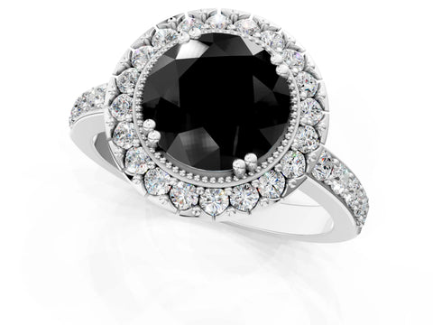 White gold Fancy Black Round Cut Diamond Halo Ring with Pavé Band and Prong Setting_19