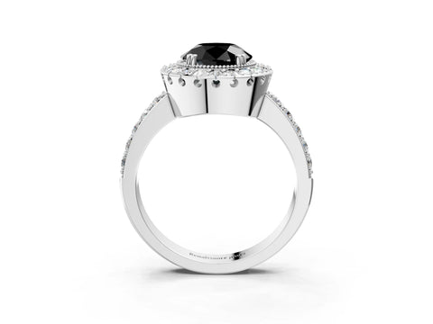 White gold Fancy Black Round Cut Diamond Halo Ring with Pavé Band and Prong Setting_21