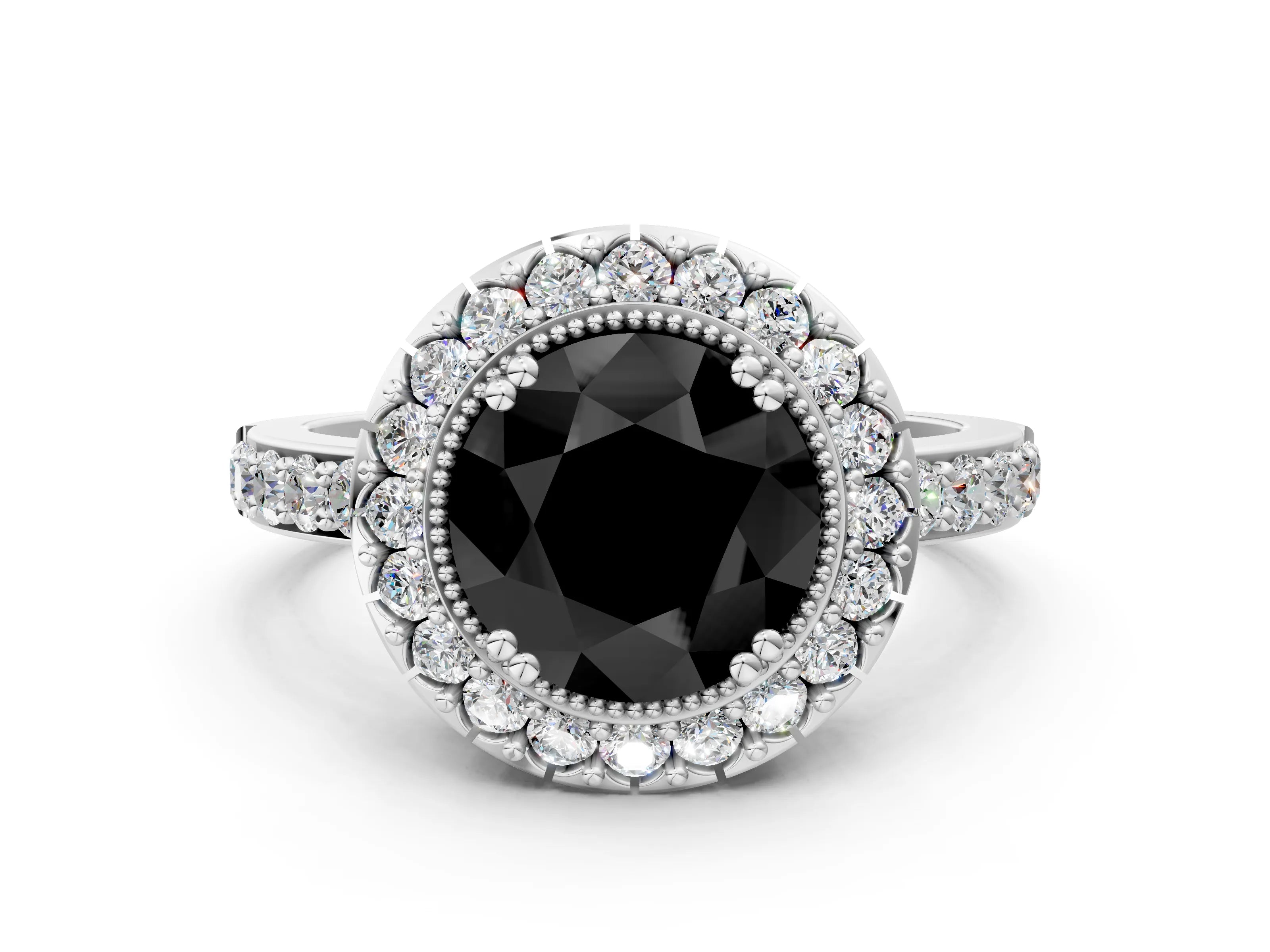 White gold Fancy Black Round Cut Diamond Halo Ring with Pavé Band and Prong Setting_24