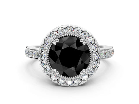 White gold Fancy Black Round Cut Diamond Halo Ring with Pavé Band and Prong Setting_24