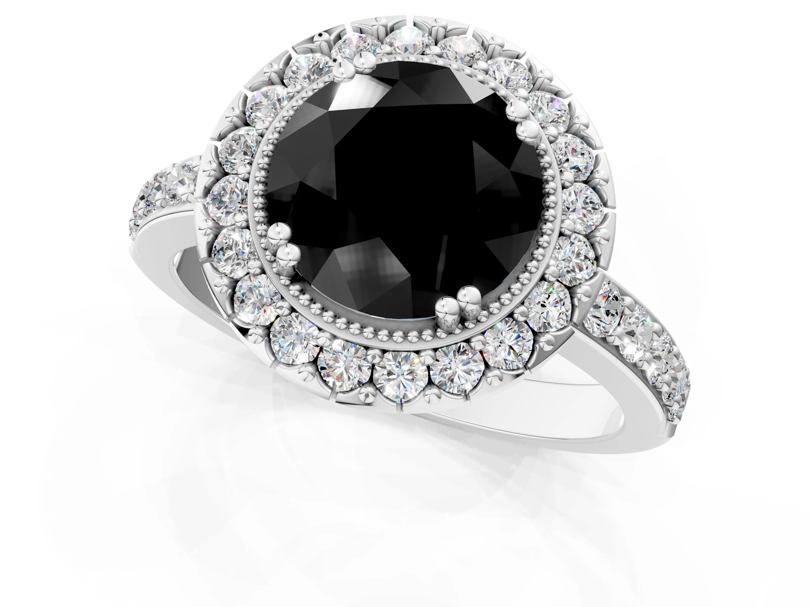 White gold Fancy Black Round Cut Diamond Halo Ring with Pavé Band and Prong Setting_25