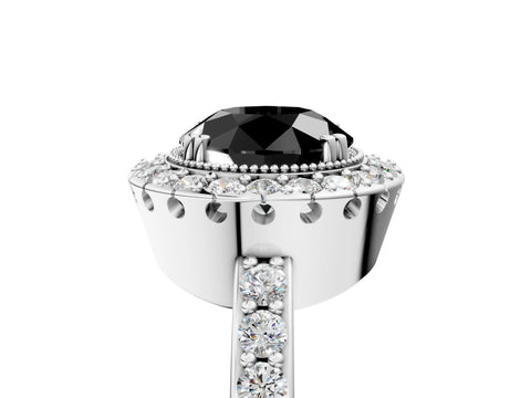 White gold Fancy Black Round Cut Diamond Halo Ring with Pavé Band and Prong Setting_29