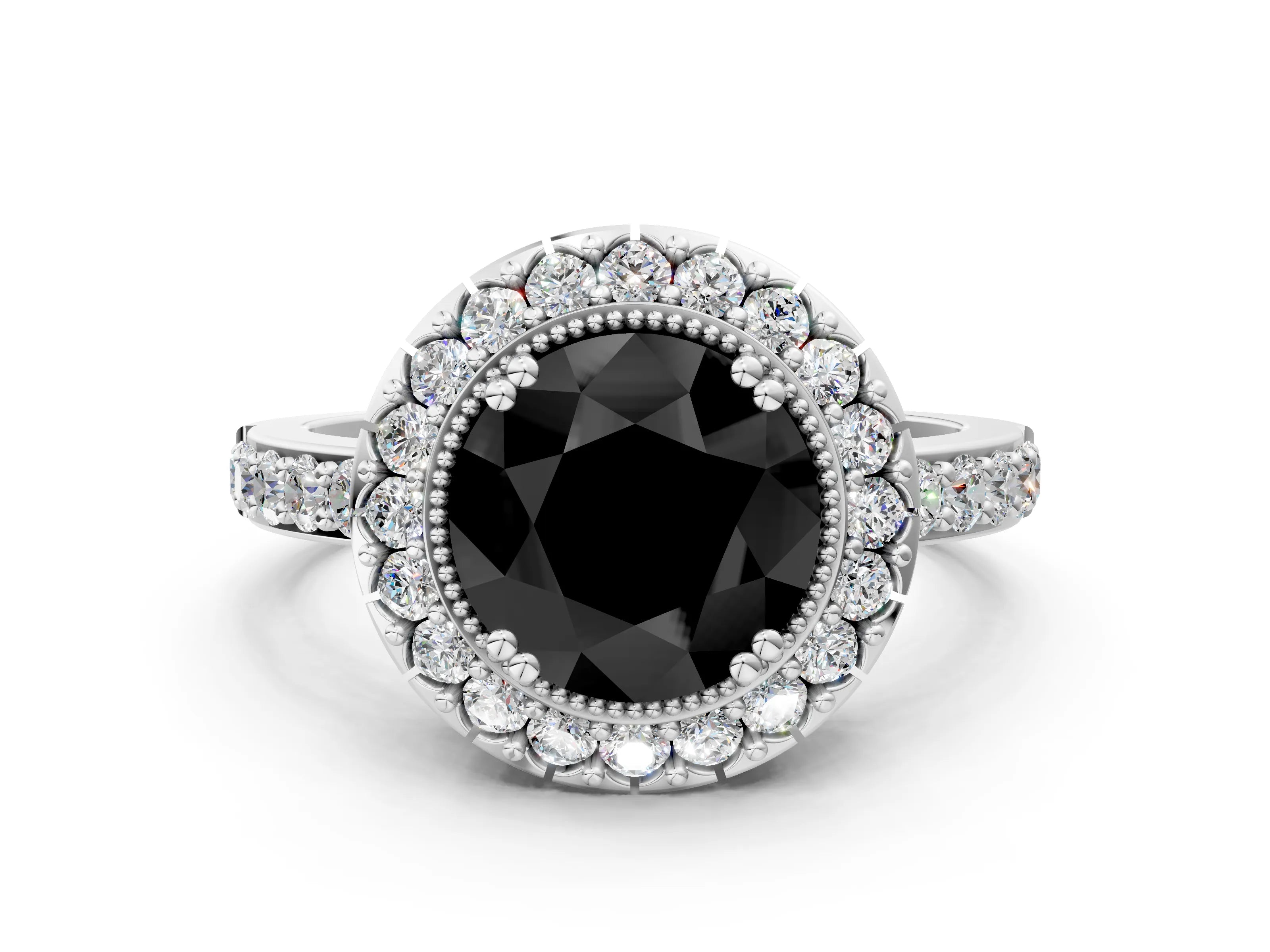 White gold Fancy Black Round Cut Diamond Halo Ring with Pavé Band and Prong Setting_36