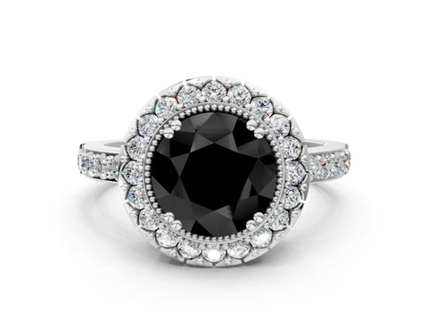White gold Fancy Black Round Cut Diamond Halo Ring with Pavé Band and Prong Setting_36