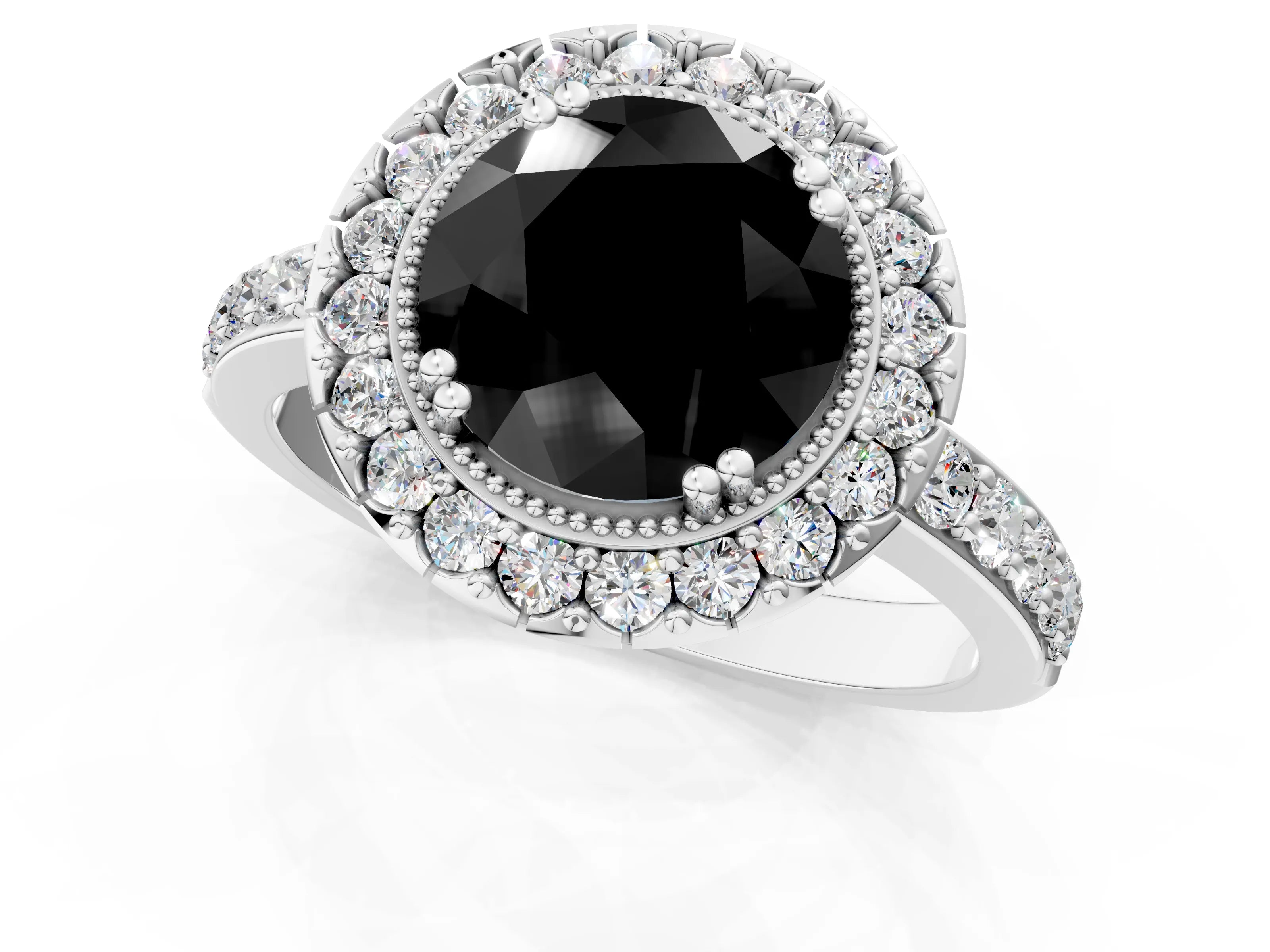 White gold Fancy Black Round Cut Diamond Halo Ring with Pavé Band and Prong Setting_37