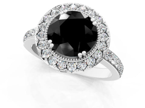 White gold Fancy Black Round Cut Diamond Halo Ring with Pavé Band and Prong Setting_37