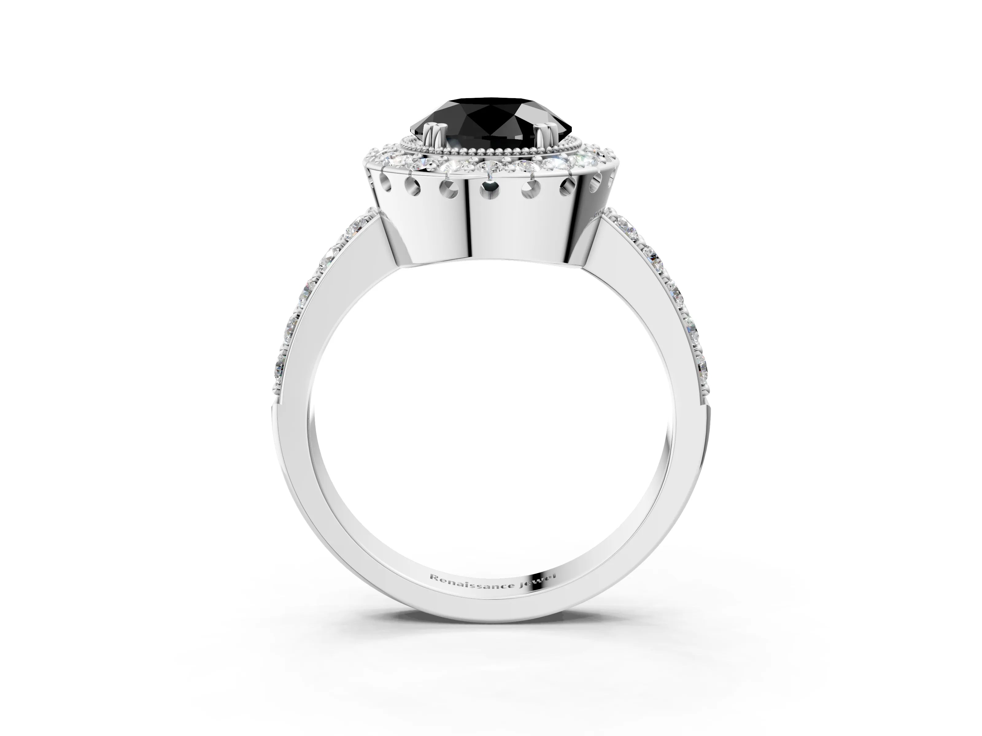 White gold Fancy Black Round Cut Diamond Halo Ring with Pavé Band and Prong Setting_39