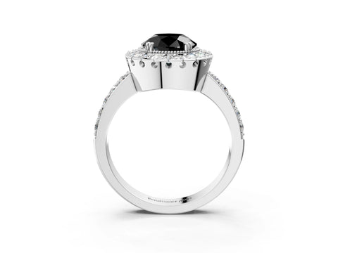 White gold Fancy Black Round Cut Diamond Halo Ring with Pavé Band and Prong Setting_39
