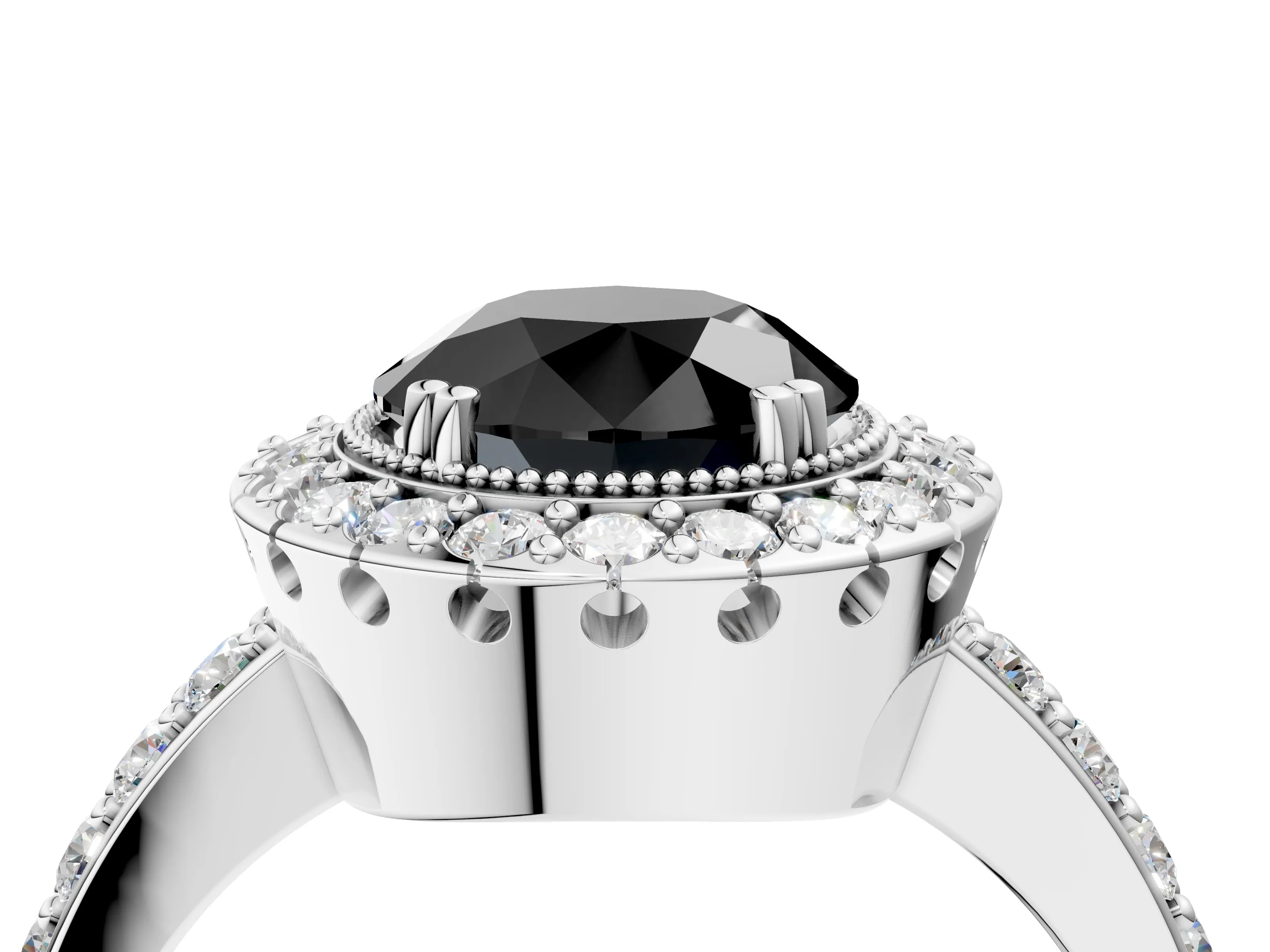 White gold Fancy Black Round Cut Diamond Halo Ring with Pavé Band and Prong Setting_40