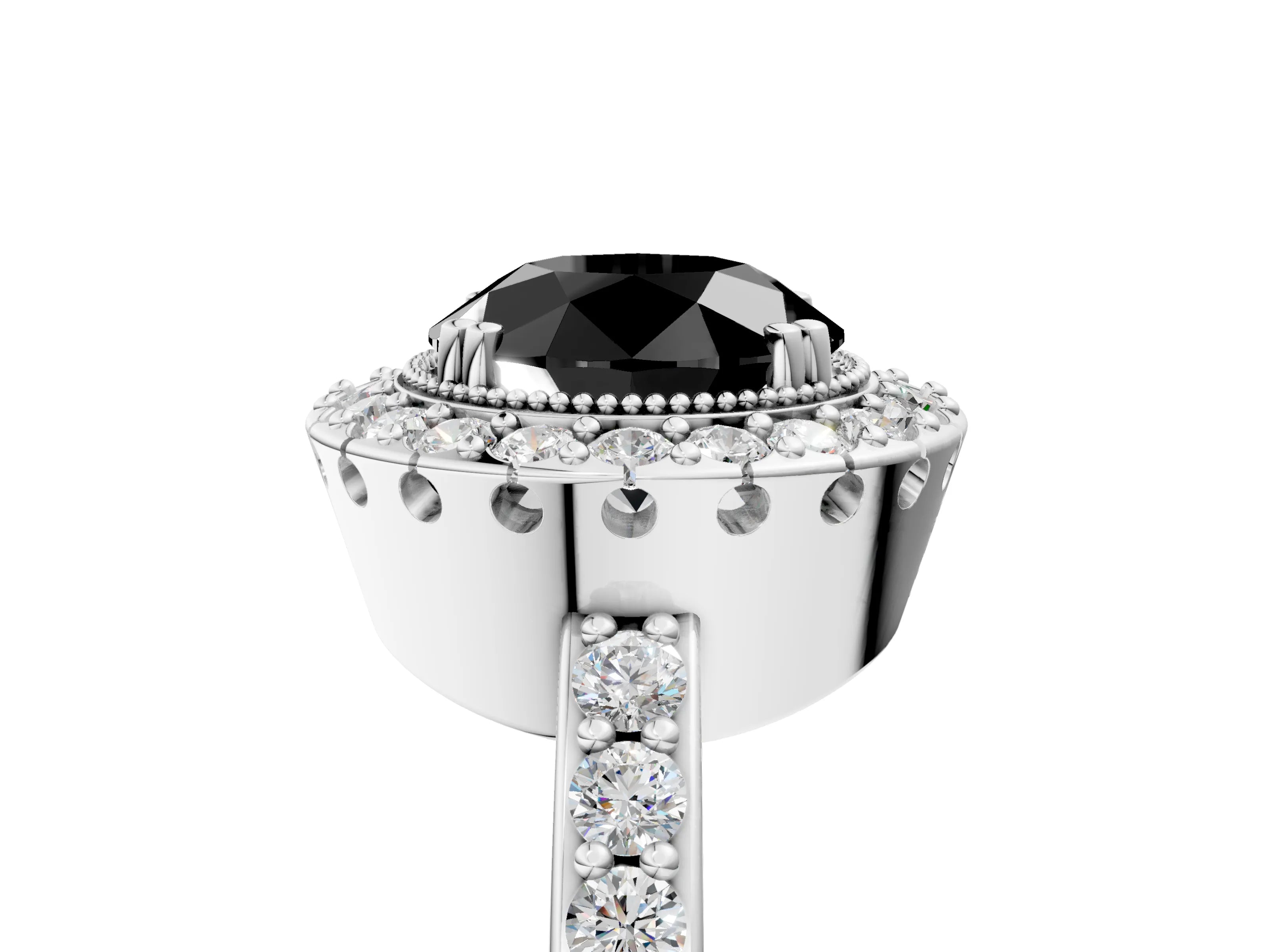 White gold Fancy Black Round Cut Diamond Halo Ring with Pavé Band and Prong Setting_41