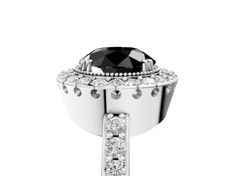 White gold Fancy Black Round Cut Diamond Halo Ring with Pavé Band and Prong Setting_41