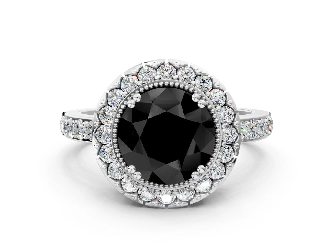 White gold Fancy Black Round Cut Diamond Halo Ring with Pavé Band and Prong Setting_6