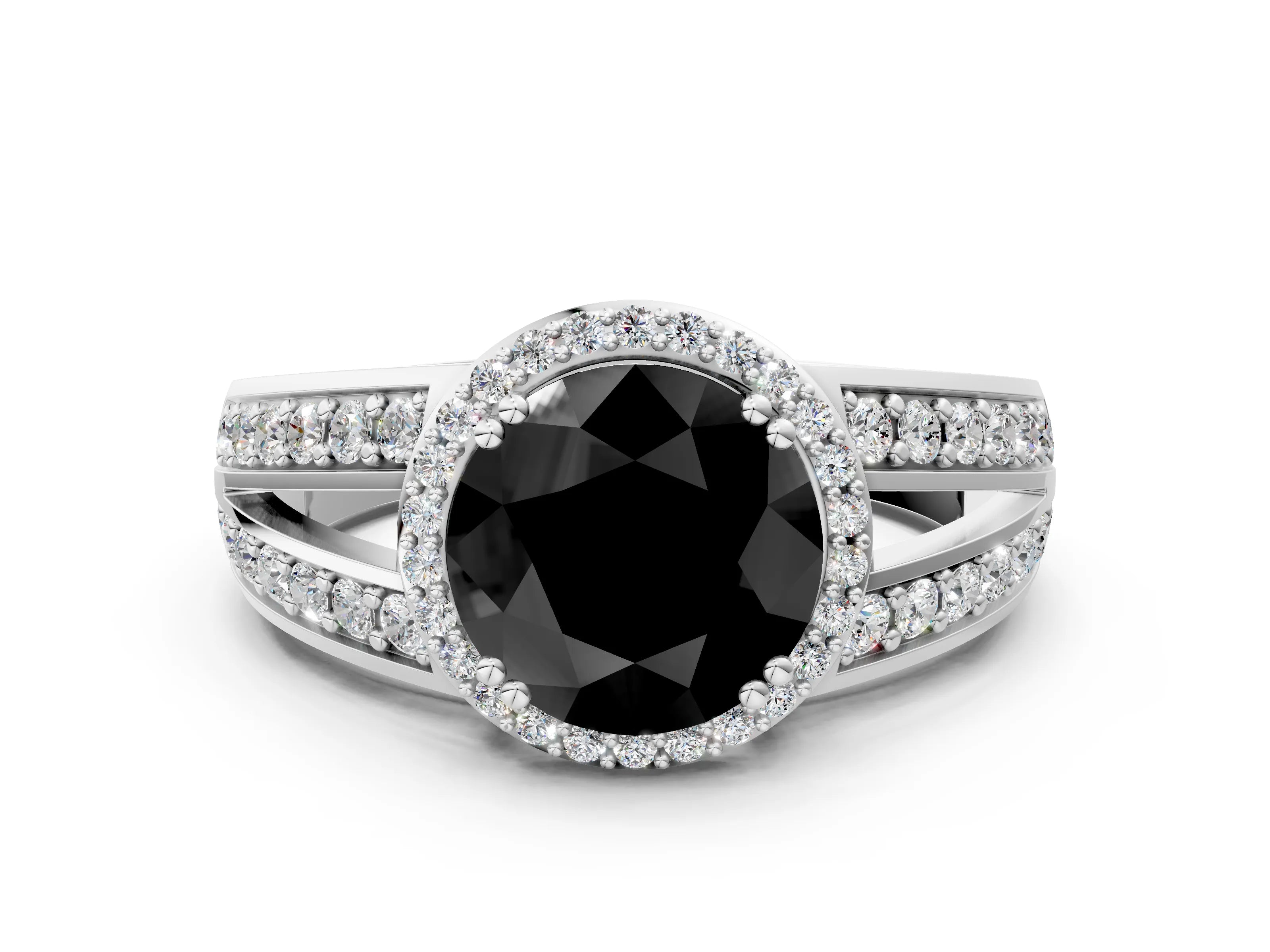 White gold Fancy Black Round Cut Diamond Halo Ring with Split Shank Pavé Band and Four-Prong Setting_12