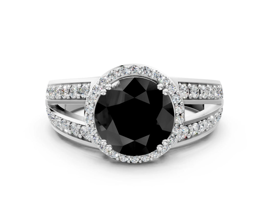 White gold Fancy Black Round Cut Diamond Halo Ring with Split Shank Pavé Band and Four-Prong Setting_12