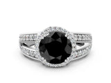 White gold Fancy Black Round Cut Diamond Halo Ring with Split Shank Pavé Band and Four-Prong Setting_12
