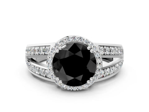 White gold Fancy Black Round Cut Diamond Halo Ring with Split Shank Pavé Band and Four-Prong Setting_12