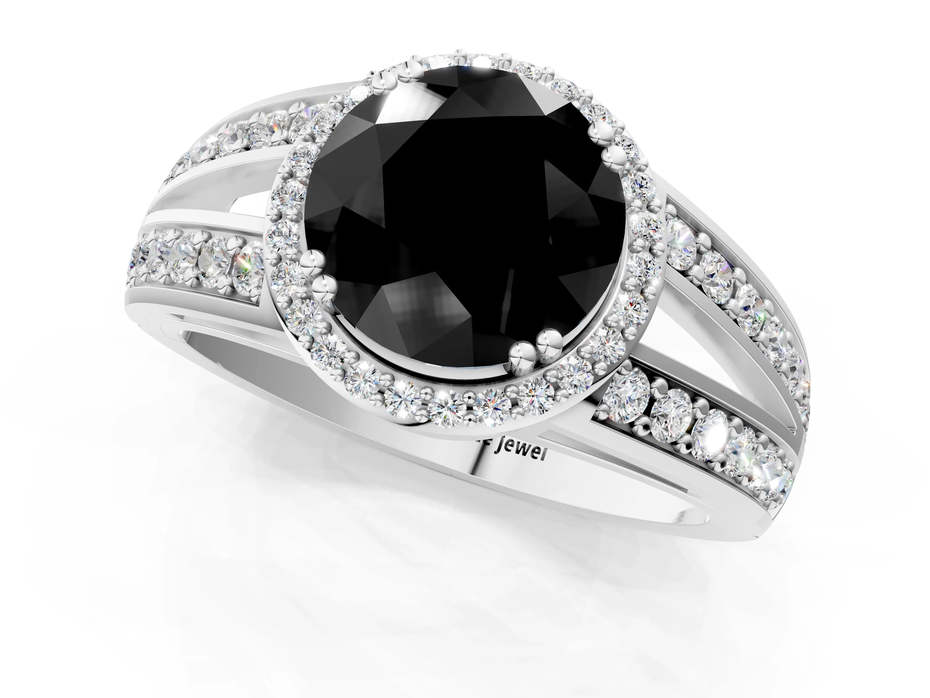 White gold Fancy Black Round Cut Diamond Halo Ring with Split Shank Pavé Band and Four-Prong Setting_13