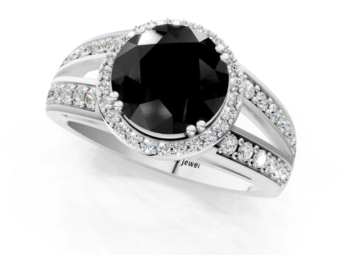 White gold Fancy Black Round Cut Diamond Halo Ring with Split Shank Pavé Band and Four-Prong Setting_13