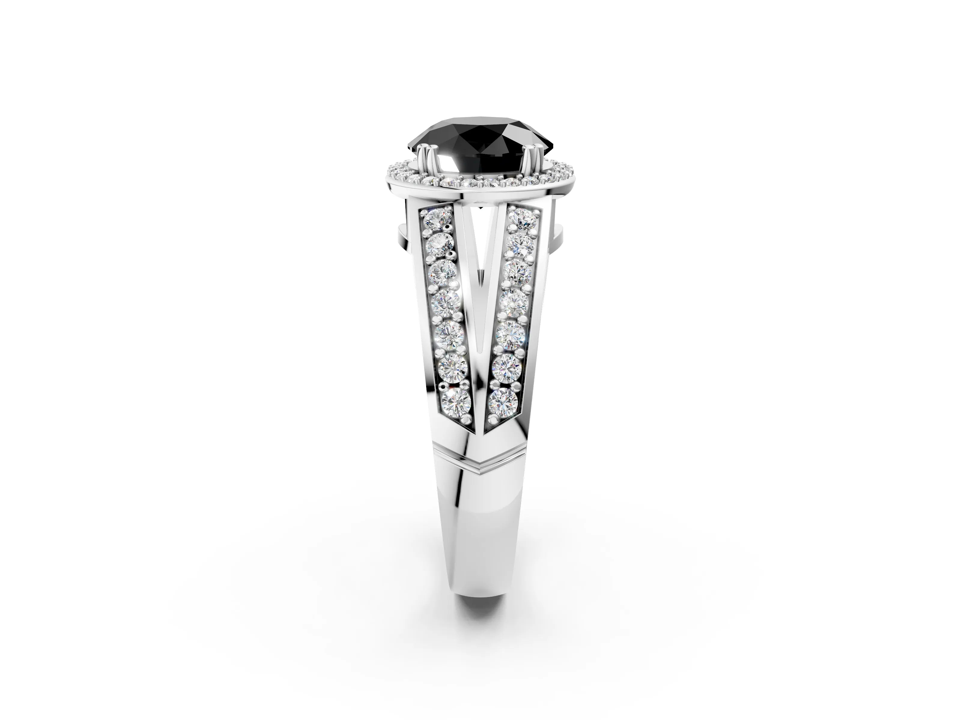 White gold Fancy Black Round Cut Diamond Halo Ring with Split Shank Pavé Band and Four-Prong Setting_14