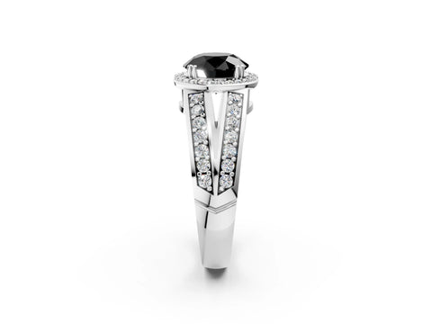 White gold Fancy Black Round Cut Diamond Halo Ring with Split Shank Pavé Band and Four-Prong Setting_14