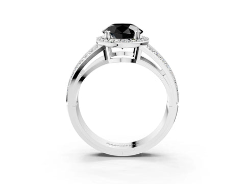 White gold Fancy Black Round Cut Diamond Halo Ring with Split Shank Pavé Band and Four-Prong Setting_15
