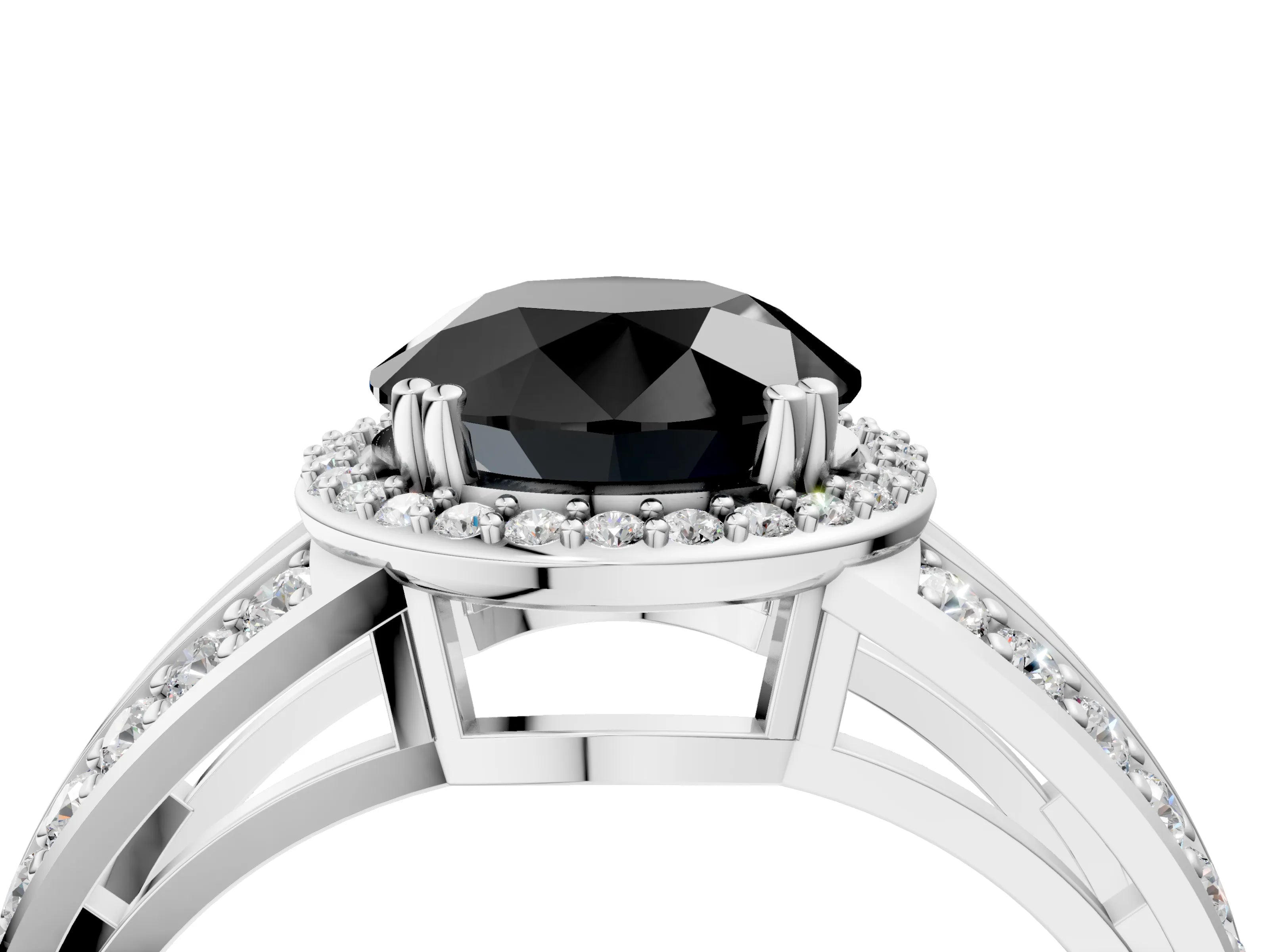White gold Fancy Black Round Cut Diamond Halo Ring with Split Shank Pavé Band and Four-Prong Setting_16