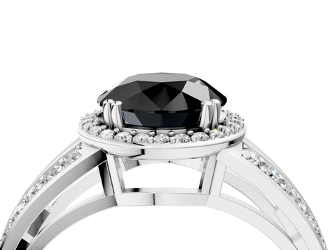 White gold Fancy Black Round Cut Diamond Halo Ring with Split Shank Pavé Band and Four-Prong Setting_16