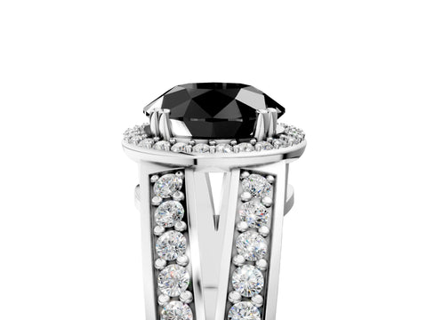 White gold Fancy Black Round Cut Diamond Halo Ring with Split Shank Pavé Band and Four-Prong Setting_17