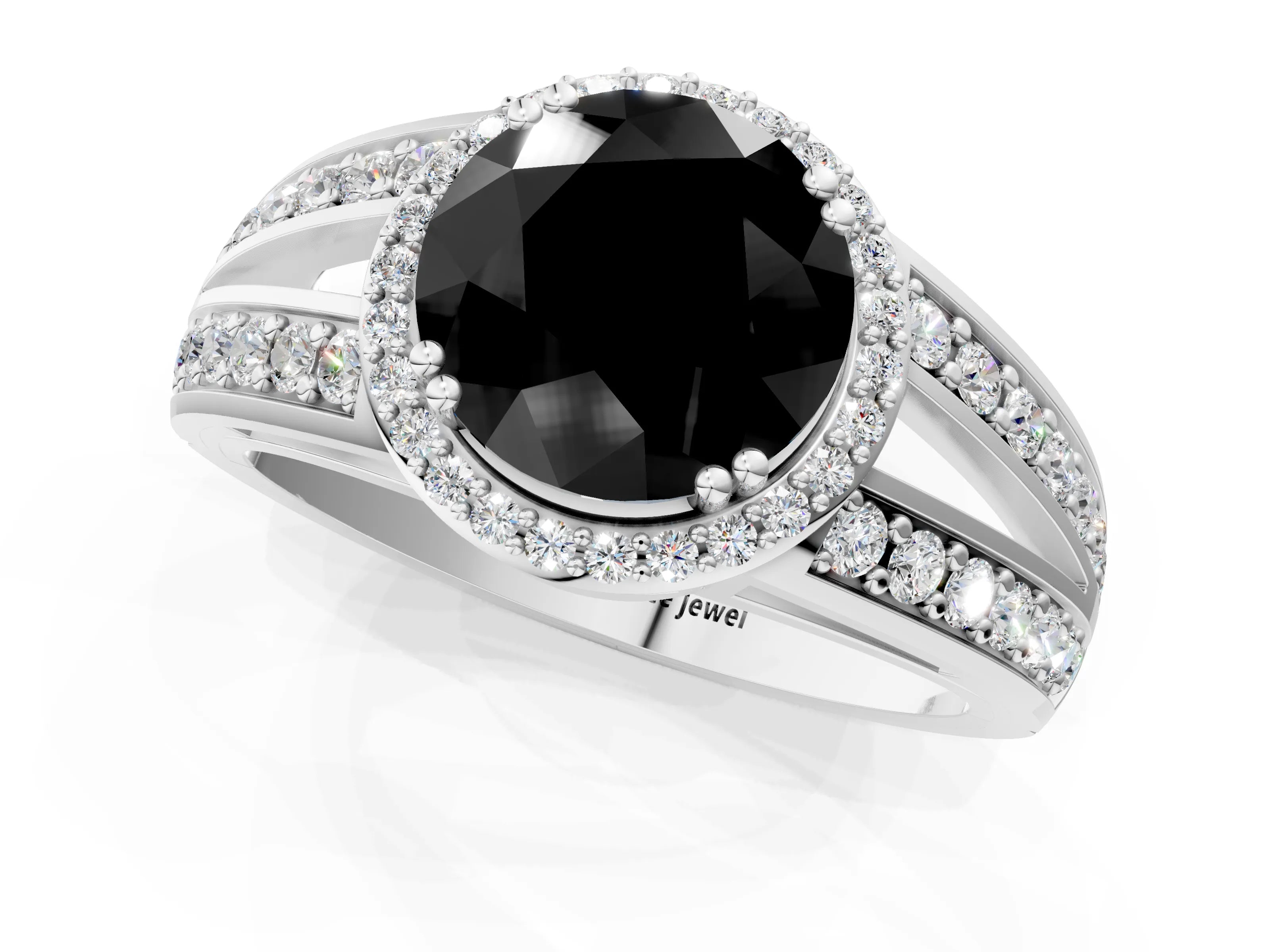 White gold Fancy Black Round Cut Diamond Halo Ring with Split Shank Pavé Band and Four-Prong Setting_1