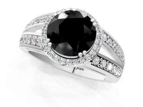 White gold Fancy Black Round Cut Diamond Halo Ring with Split Shank Pavé Band and Four-Prong Setting_1