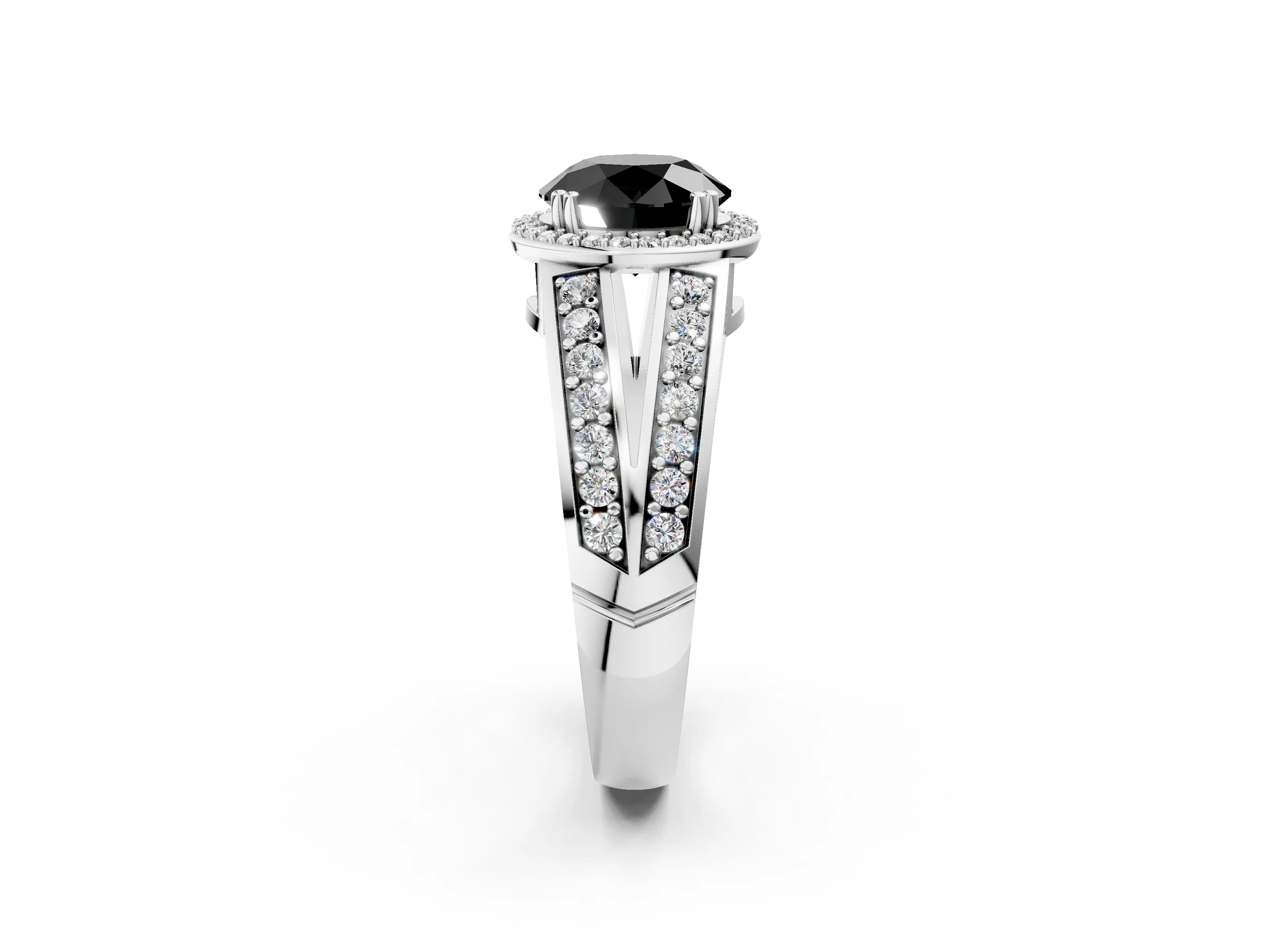 White gold Fancy Black Round Cut Diamond Halo Ring with Split Shank Pavé Band and Four-Prong Setting_2
