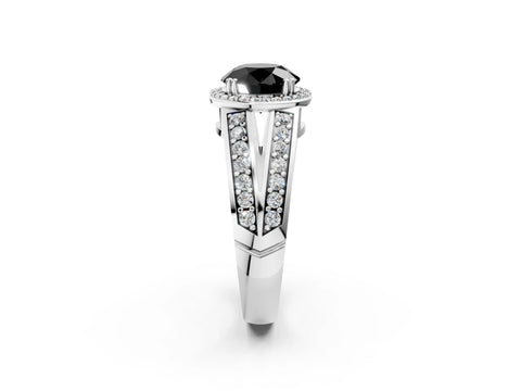 White gold Fancy Black Round Cut Diamond Halo Ring with Split Shank Pavé Band and Four-Prong Setting_2